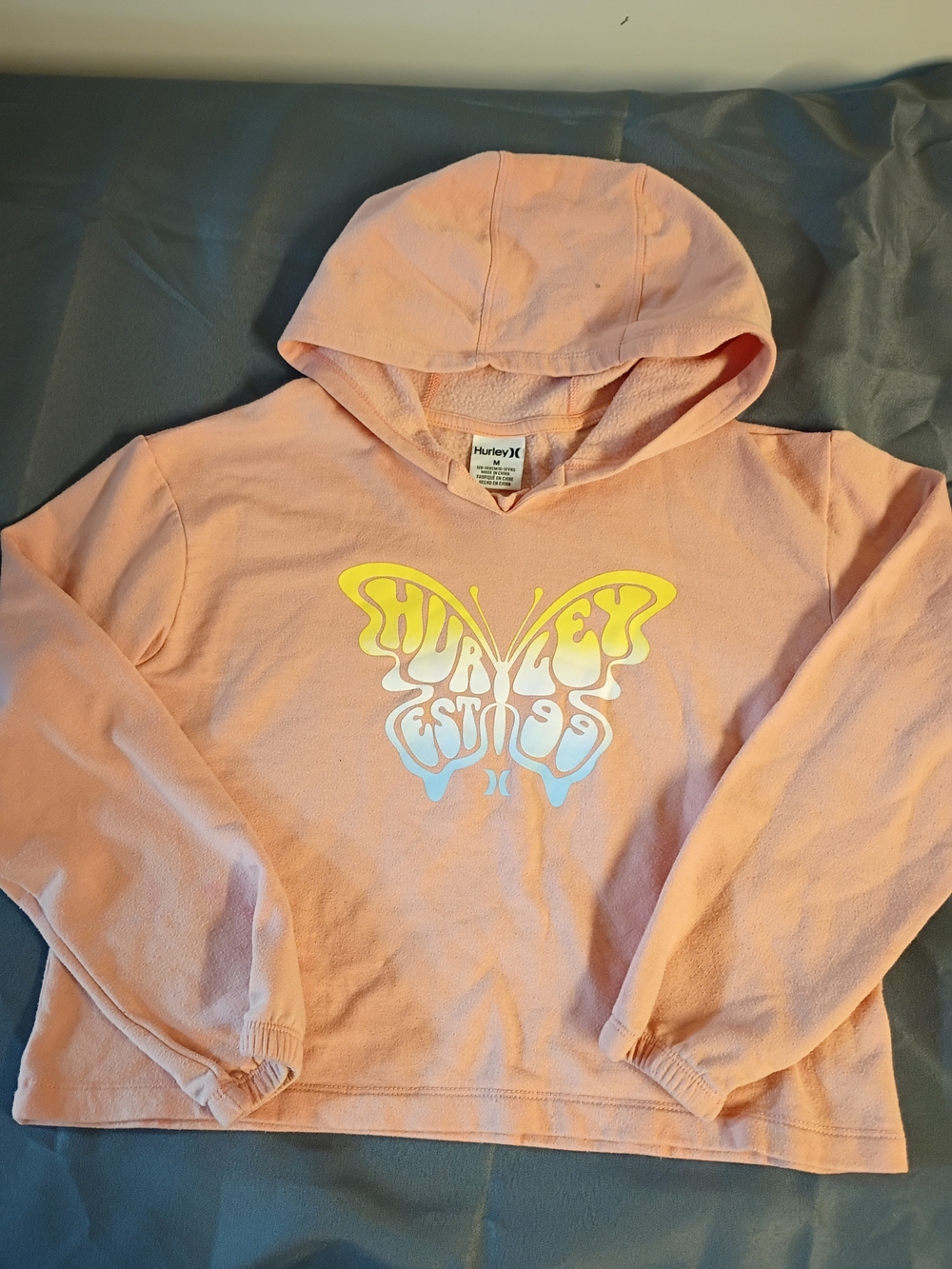 Hurley Pink Hoodie with Yellow-Blue Butterfly Logo